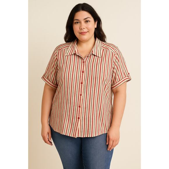 Erika Woman 2X Red Beige Stripe Button Front Short Sleeve Shirt - Picture 1 of 5